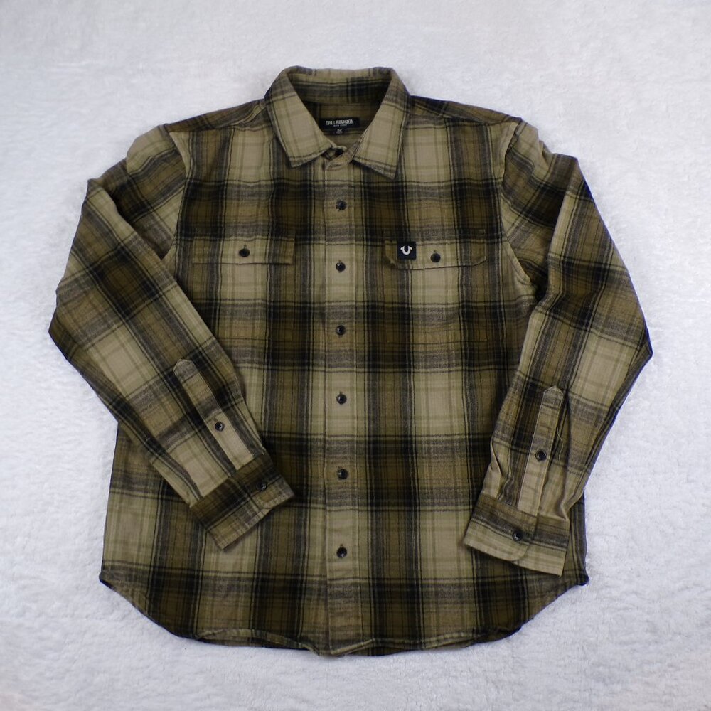 True Religion Shirt Adult Brown Flannel Long Sleeve Triple Needle Men's Size M